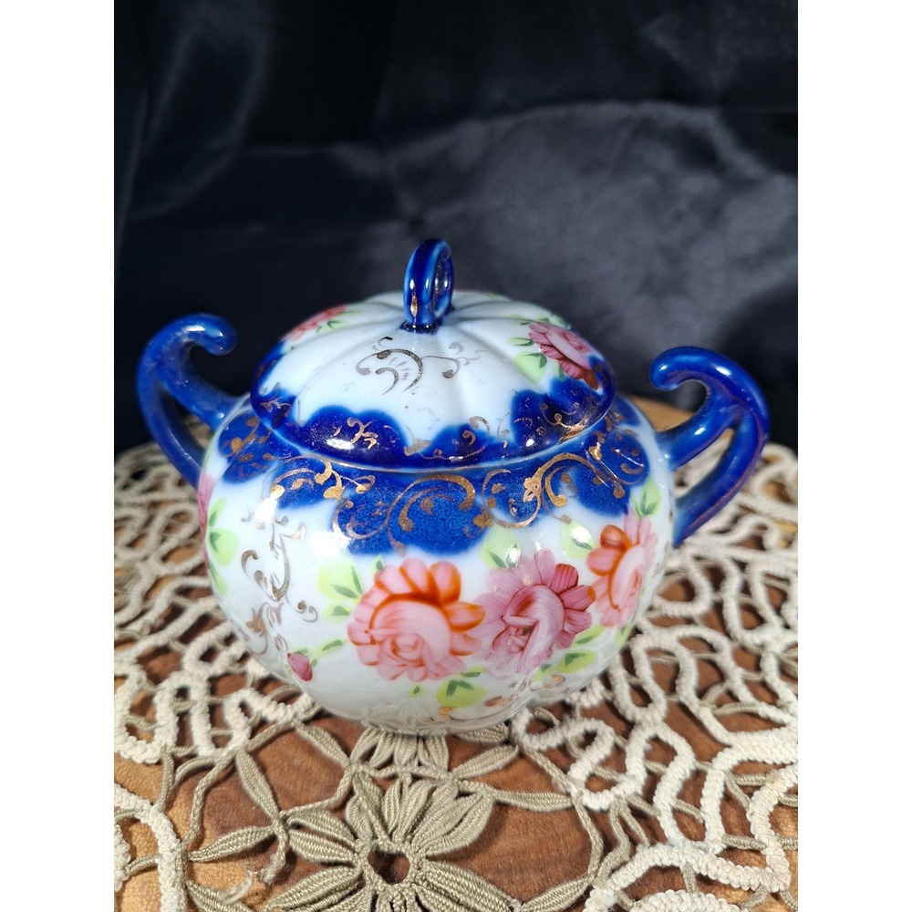 Vintage Hand Painted Porcelain Sugar Bowl Cobalt Blue Gold Gilt Floral Rose